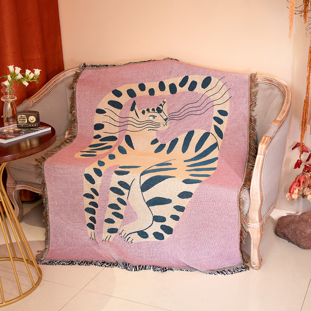Boho Throw Blanket Fringe - Boho Abstract Cat Jacquard Throw Blanket